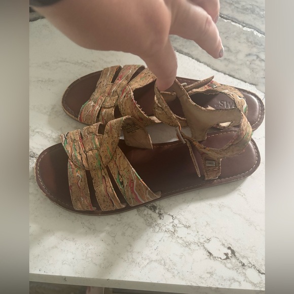 Toms Size 9 Zoe Cork Paint Splattered Flat Sandals Multi Color Ankle Strap - Picture 2 of 5